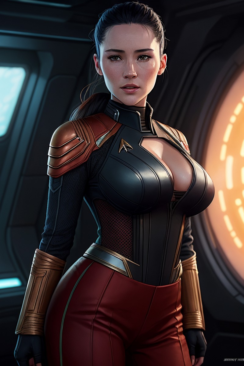 photo of (chr1sch0ng:0.99), a woman as a star trek officer, modelshoot style, (extremely detailed CG unity 8k wallpaper), ...